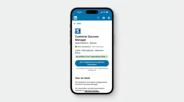 Bewerber klickt auf CS-Manager-Stelle in LinkedIn — KI-Bot startet im Browser