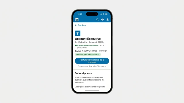 Candidato aplica a vacante AE en LinkedIn — bot IA abre en el navegador